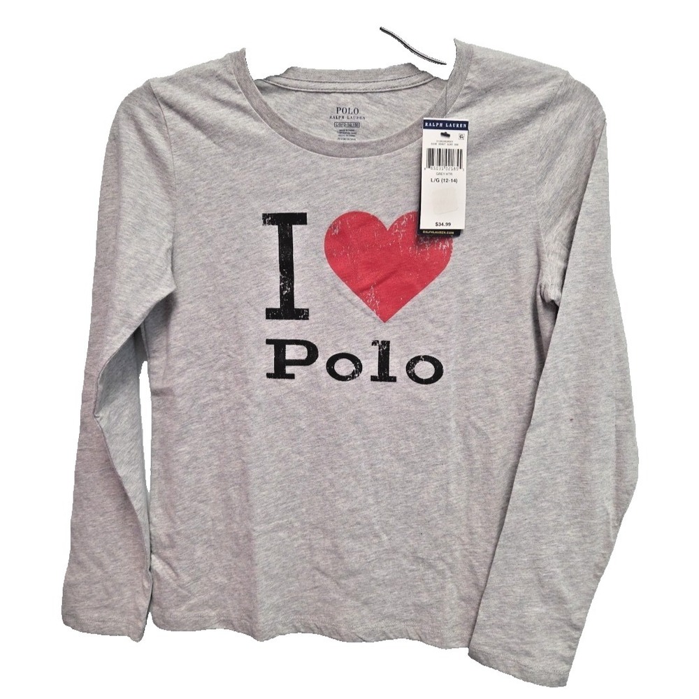 Polo Ralph Lauren Kids Gray I Love Polo T-shirt Tee L 12-14 Long Sleeve NWT